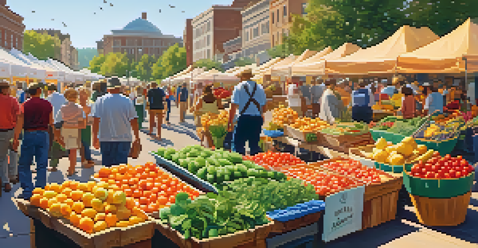 A lively outdoor farmer's market with stalls of fresh organic produce and people engaging with local farmers.