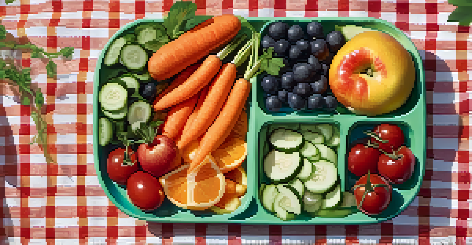 A colorful snack platter for kids with carrot sticks, cucumber slices, cherry tomatoes, and apple slices arranged on a picnic blanket.