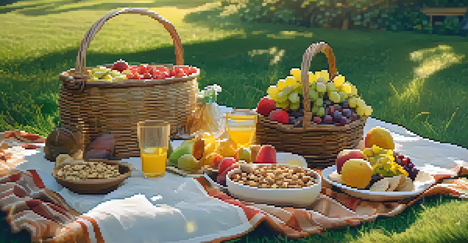 An outdoor picnic scene with a blanket on grass, featuring a basket of colorful fruits and vegetarian dishes, illuminated by sunset light.