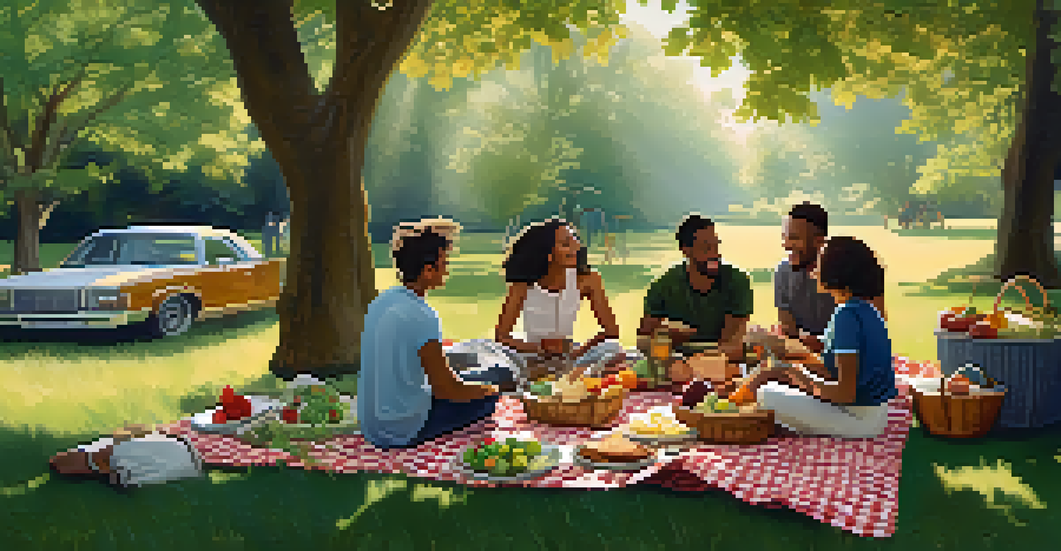 A diverse group of people having a picnic with plant-based dishes in a natural setting, surrounded by trees and sunlight.