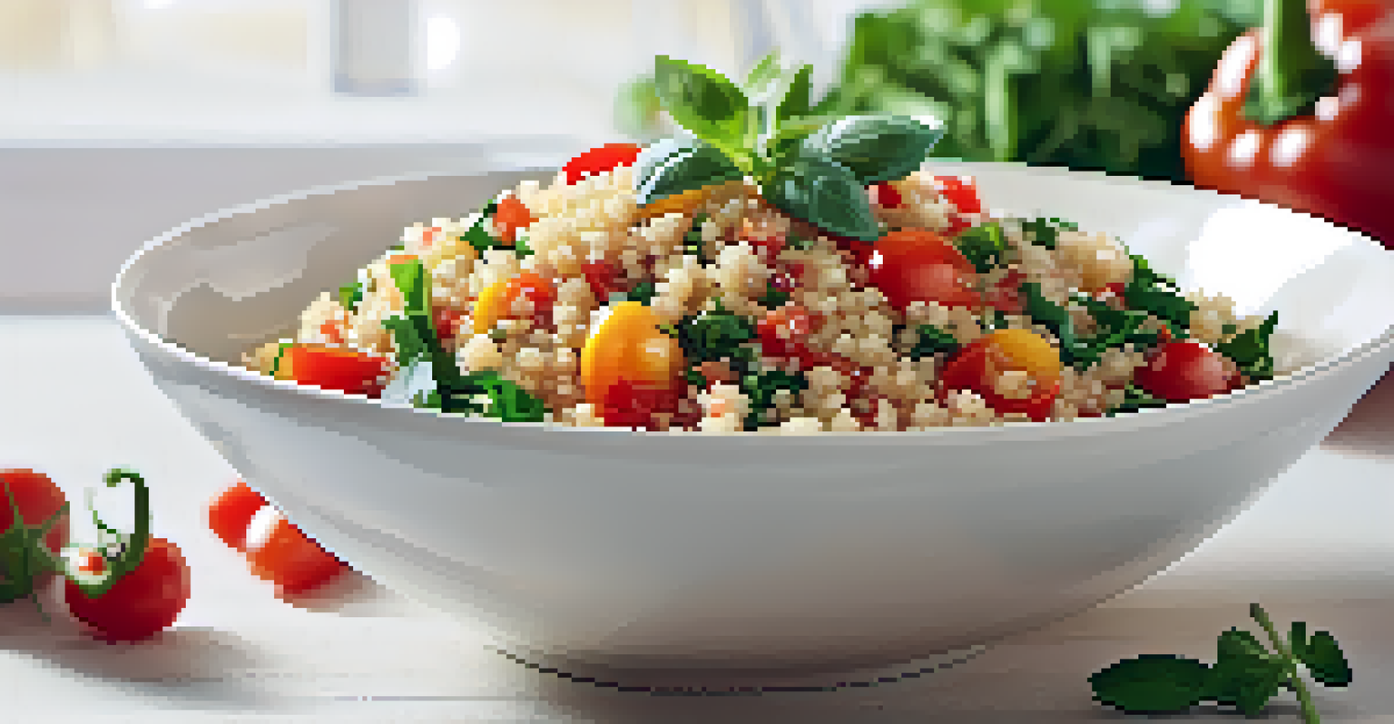A nutritious quinoa salad with colorful vegetables, garnished with fresh herbs and lemon juice.