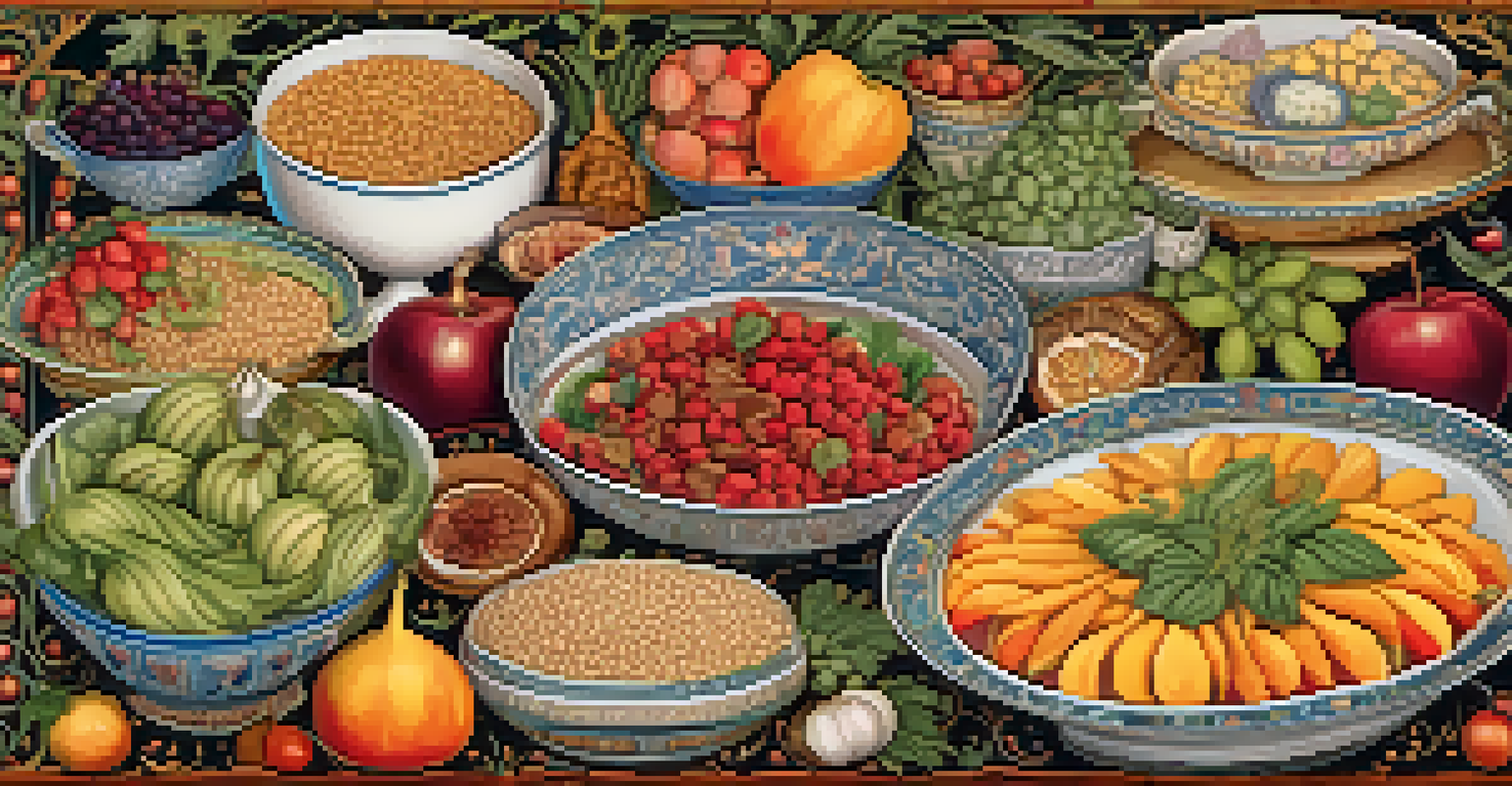 A detailed illustration of a medieval feast featuring a variety of colorful plant-based dishes on an ornate table.