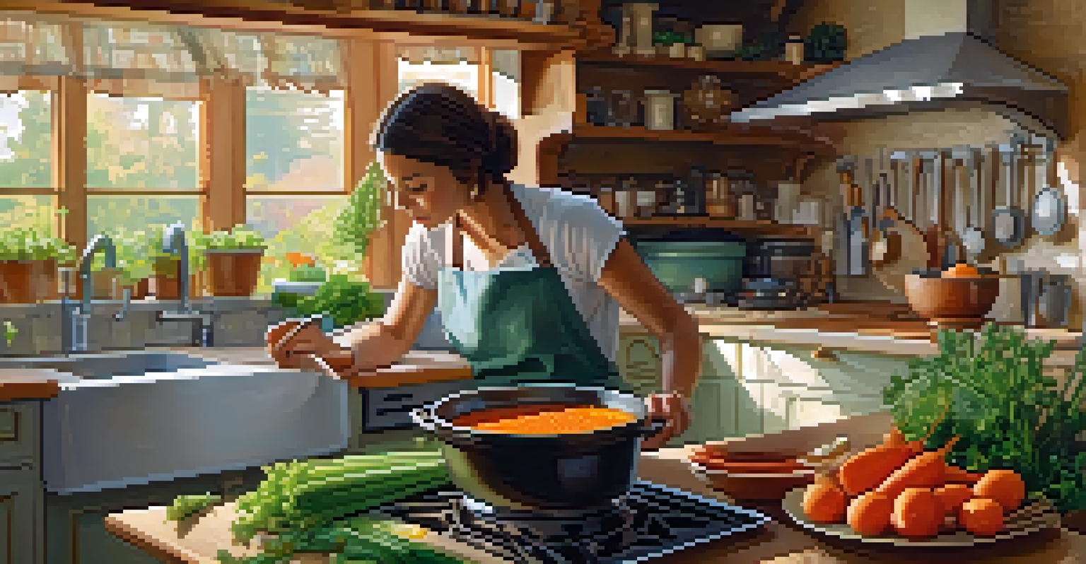 A person cooking lentil soup in a cozy kitchen, surrounded by fresh vegetables and herbs, with warm lighting creating a welcoming ambiance.