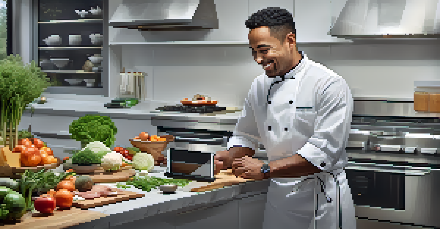 A chef in a modern kitchen using technology to prepare a vegetarian dish with fresh ingredients.