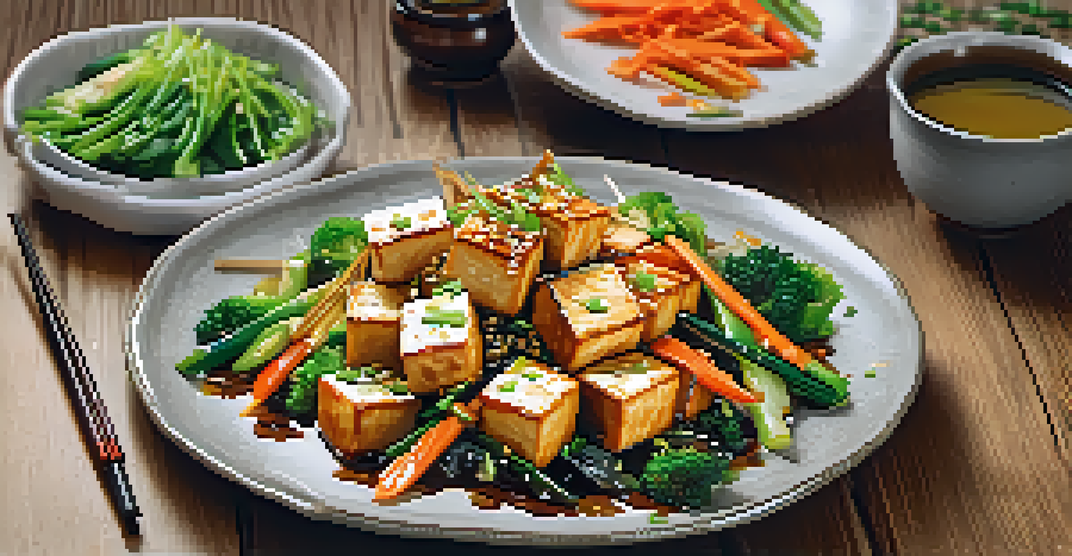 A beautifully plated stir-fried tofu and vegetables with dark sesame oil and garnished with sesame seeds.