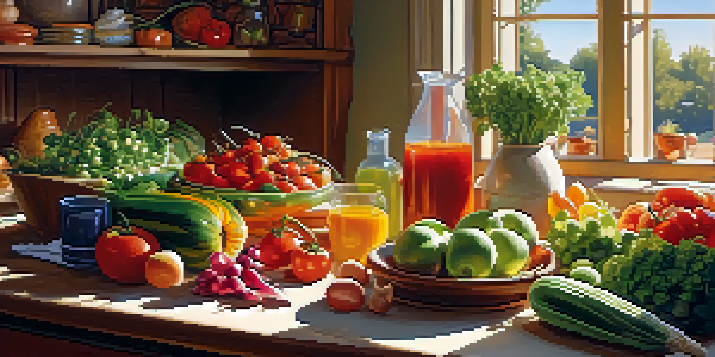 A bright kitchen table showcasing fresh vegetables, fruits, and legumes, with sunlight filtering through a window.