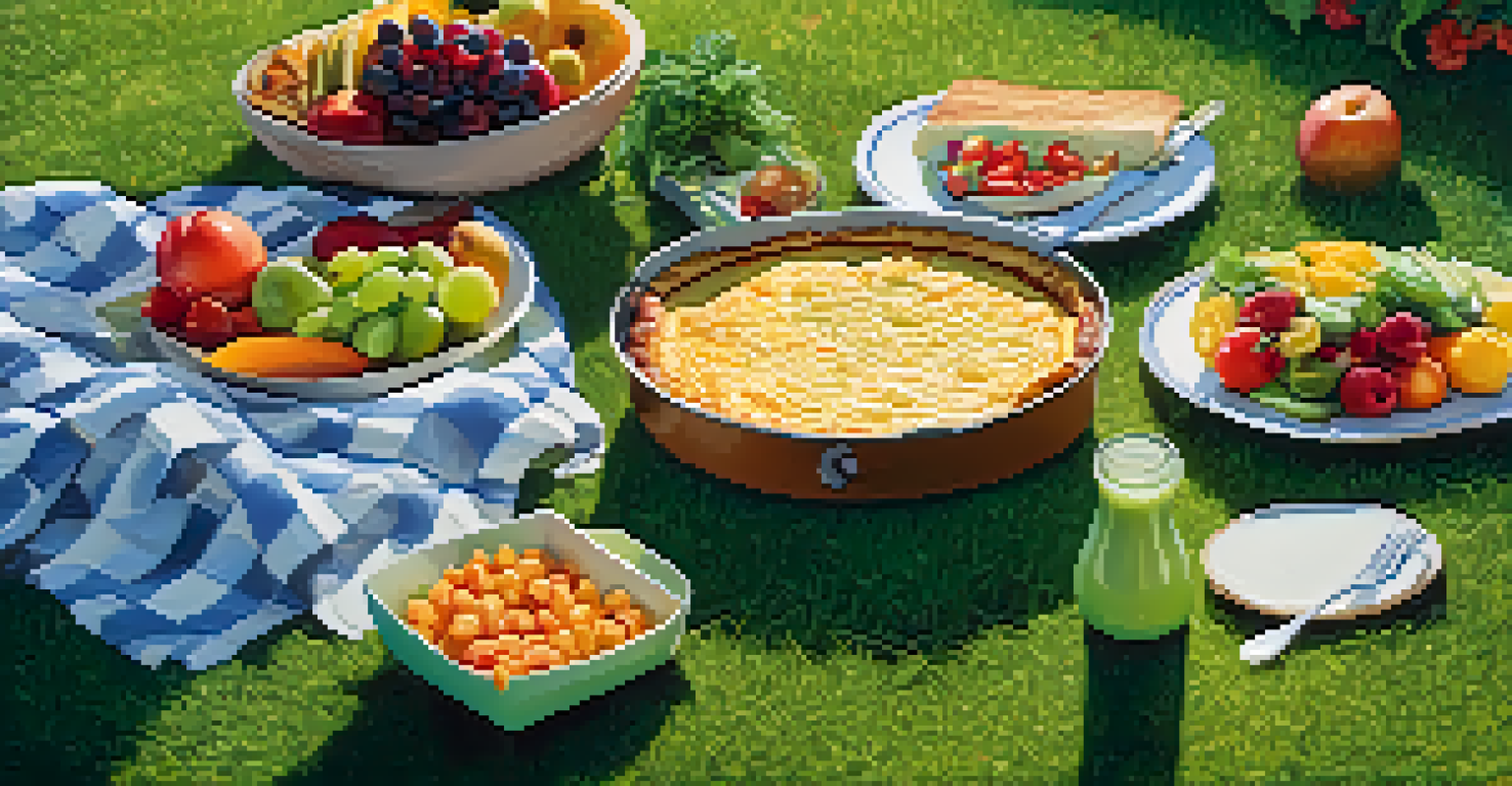 An outdoor picnic with an ovo-vegetarian enjoying a frittata, surrounded by salads and fruits on a grassy field.