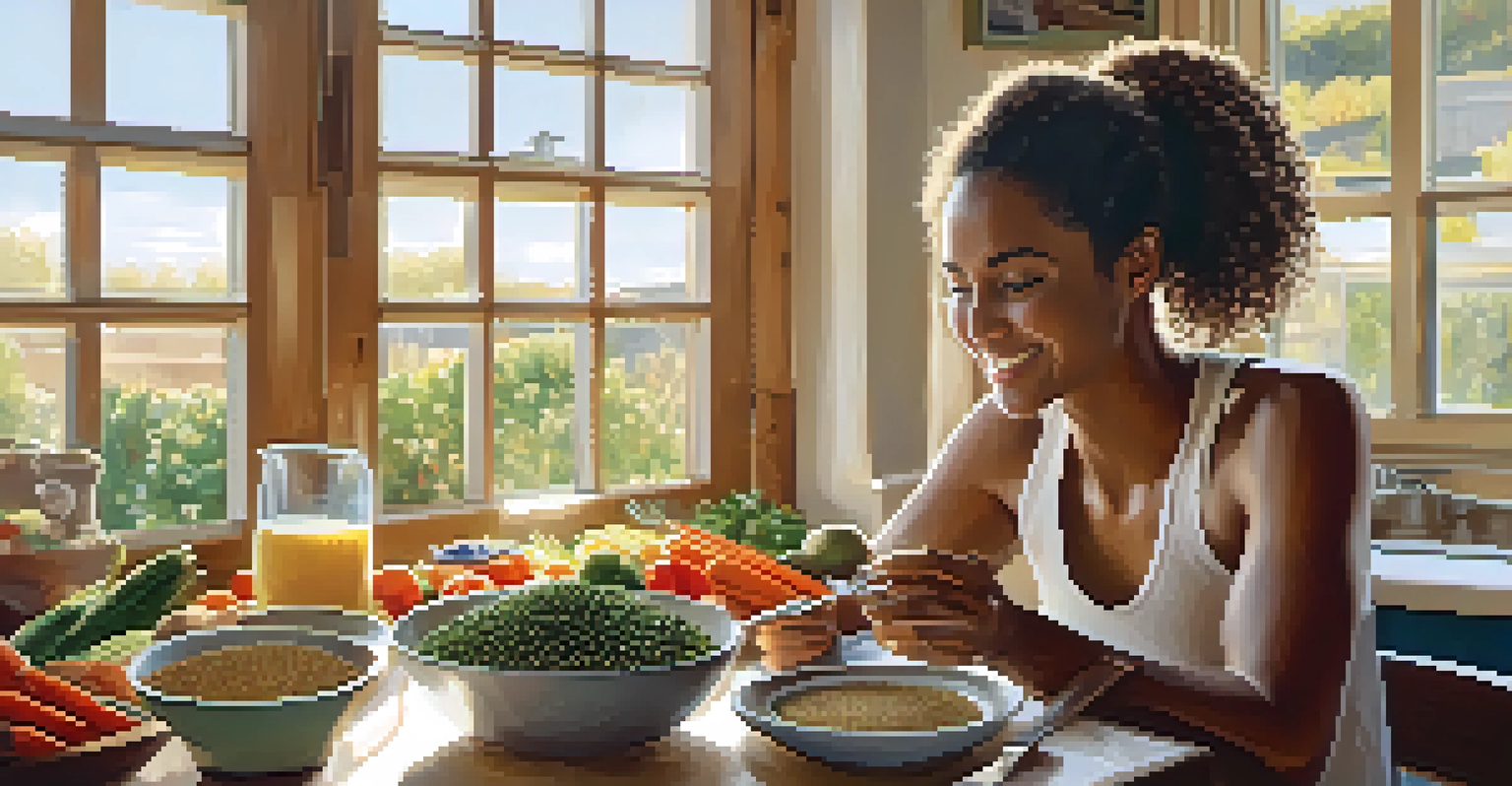 A young female athlete sitting at a kitchen table filled with lentils, quinoa, and fresh vegetables, smiling as she prepares to eat.
