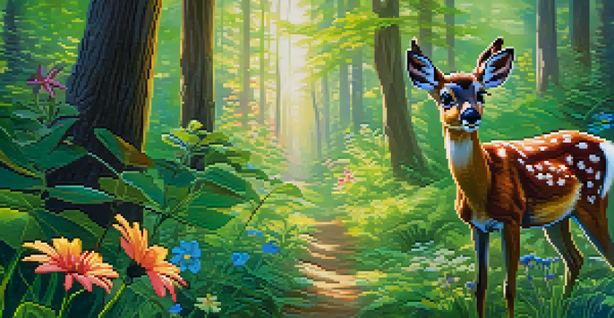 A peaceful forest with a small deer surrounded by vibrant wildflowers and sunlight filtering through the trees.