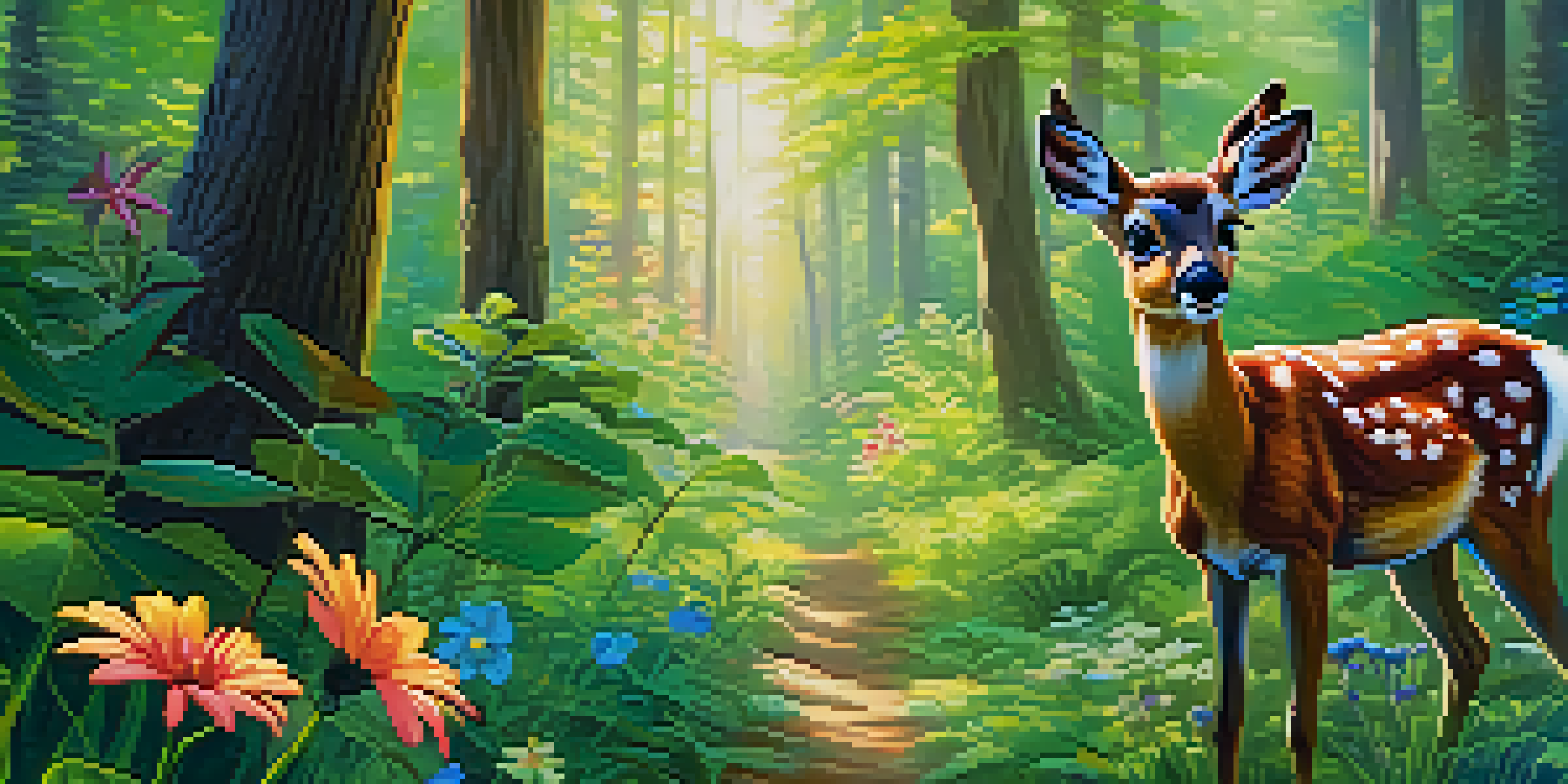 A peaceful forest with a small deer surrounded by vibrant wildflowers and sunlight filtering through the trees.