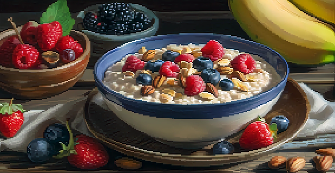 A bowl of oatmeal with fresh berries, nuts, and honey, surrounded by fruits on a wooden table in soft morning light.