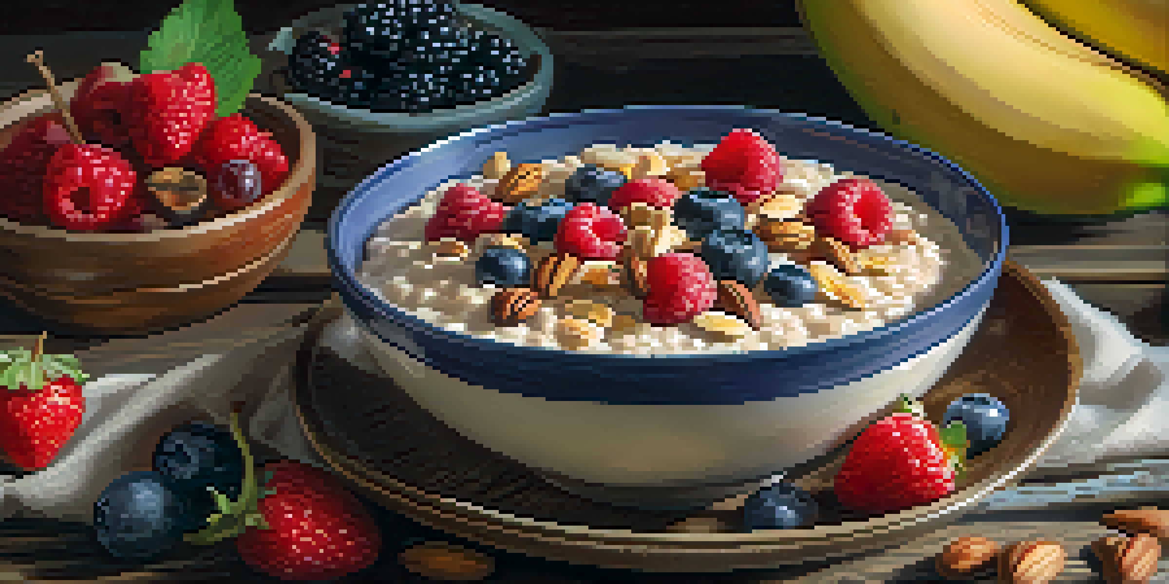 A bowl of oatmeal with fresh berries, nuts, and honey, surrounded by fruits on a wooden table in soft morning light.