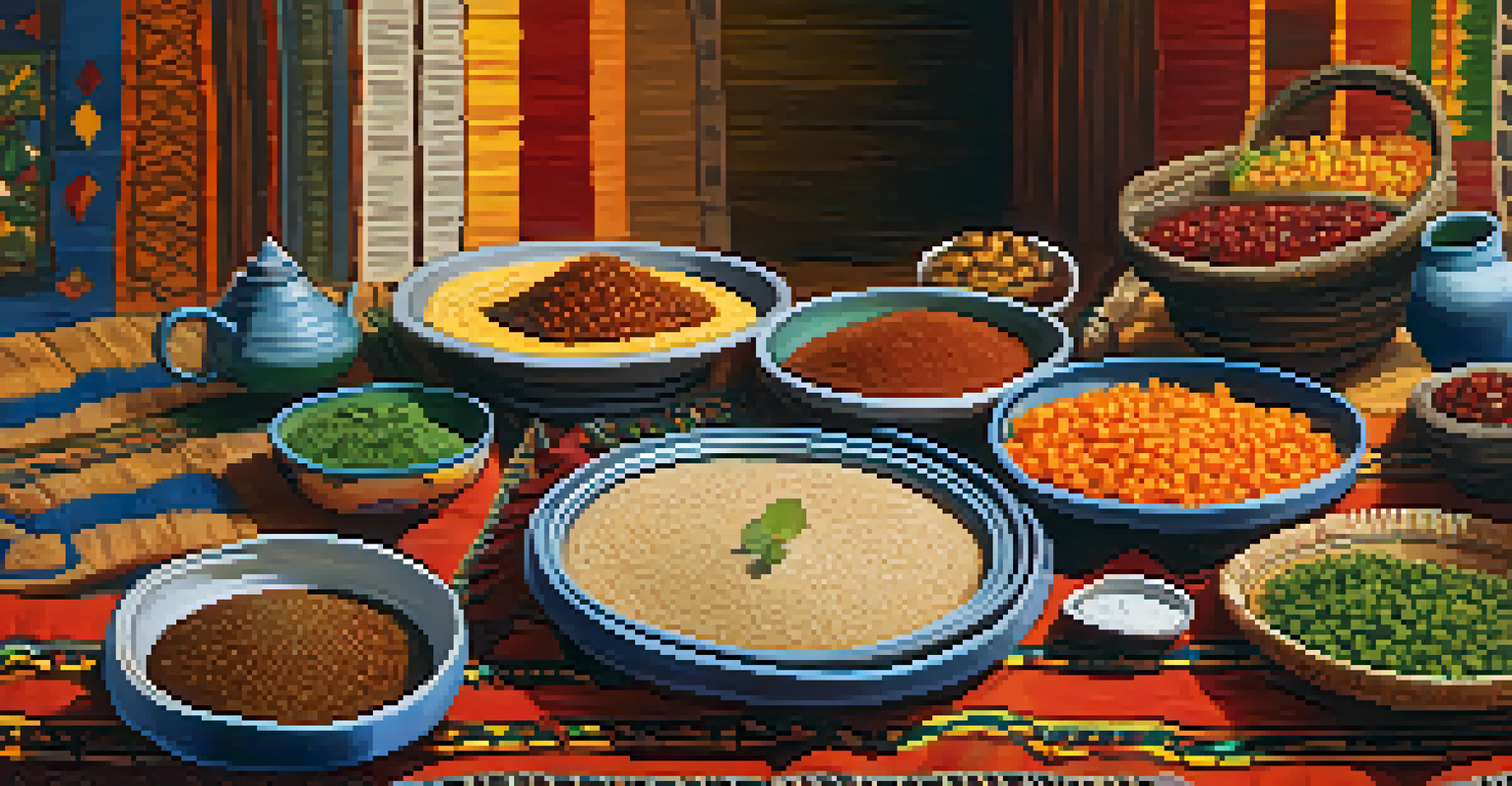 An Ethiopian meal with injera and a variety of vegetable stews arranged on a communal platter, surrounded by cultural artifacts.