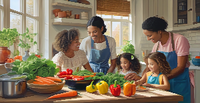 A family happily cooking together in a cozy kitchen, surrounded by fresh vegetables and warm lighting.