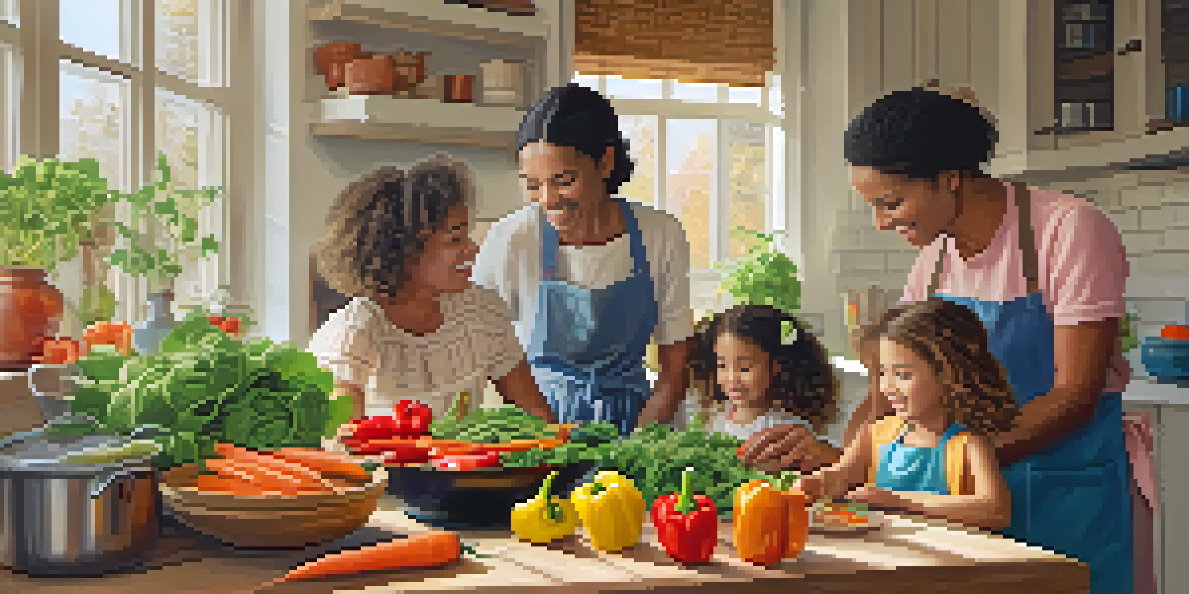 A family happily cooking together in a cozy kitchen, surrounded by fresh vegetables and warm lighting.
