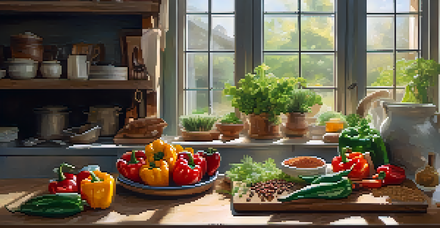 A cozy kitchen with a wooden table filled with plant-based ingredients, including bell peppers and beans, illuminated by natural light.