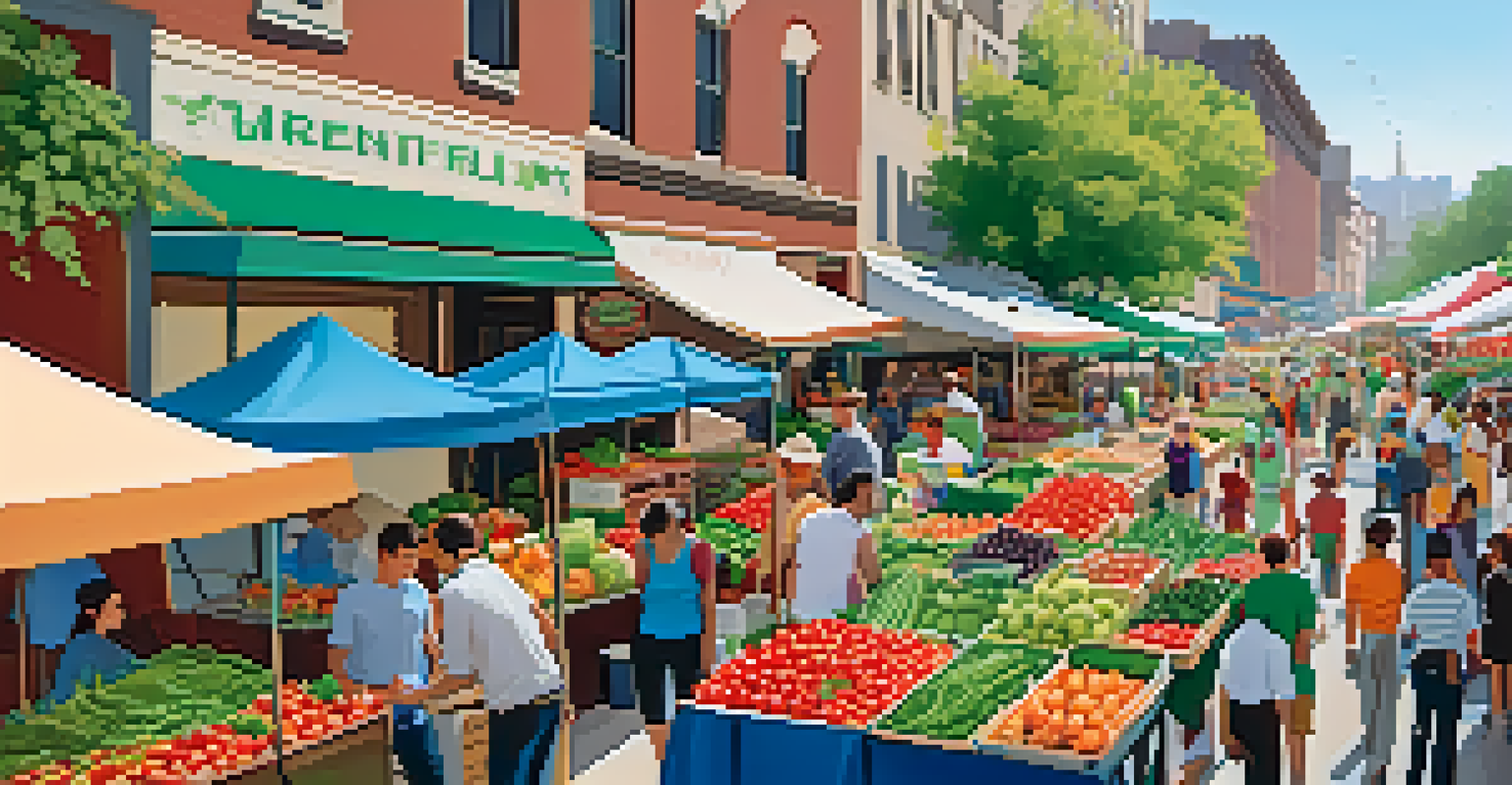 A farmers' market in the city filled with fresh produce and shoppers, promoting plant-based diets.