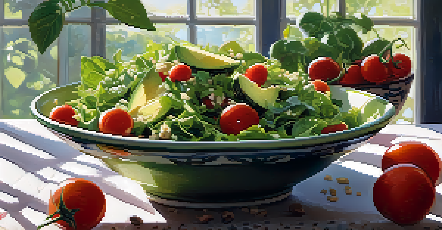 A colorful salad bowl filled with greens, cherry tomatoes, avocado, and quinoa, placed on a bright tablecloth with sunlight casting gentle shadows.