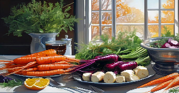 A wooden table with roasted root vegetables and a citrus salad, illuminated by warm light.