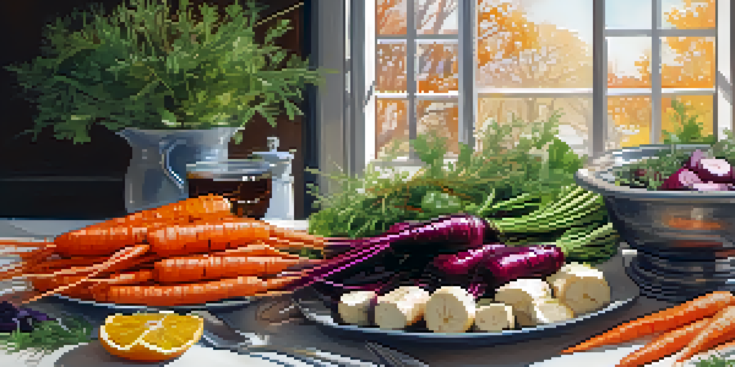 A wooden table with roasted root vegetables and a citrus salad, illuminated by warm light.