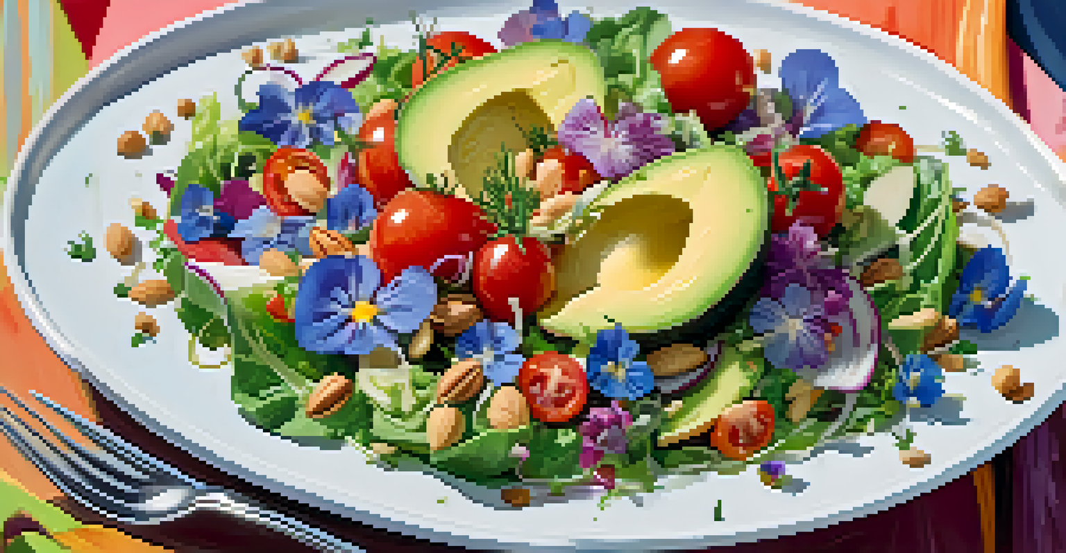 A close-up of a colorful plant-based salad plated beautifully with greens, cherry tomatoes, and avocado, garnished with edible flowers.