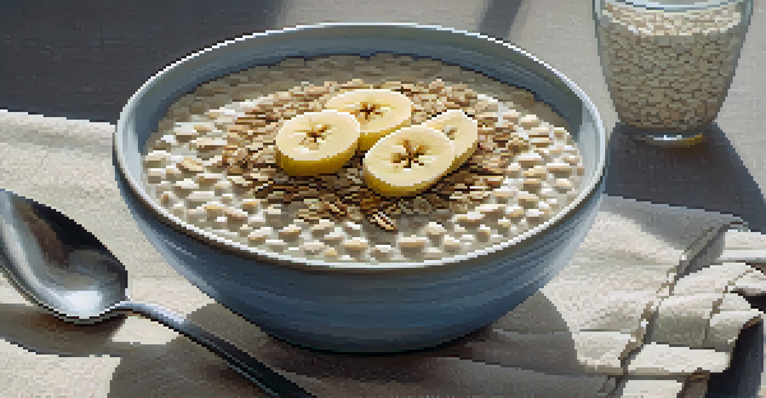 A close-up of oatmeal with banana slices, chia seeds, and almonds, set on a linen napkin with soft morning light.