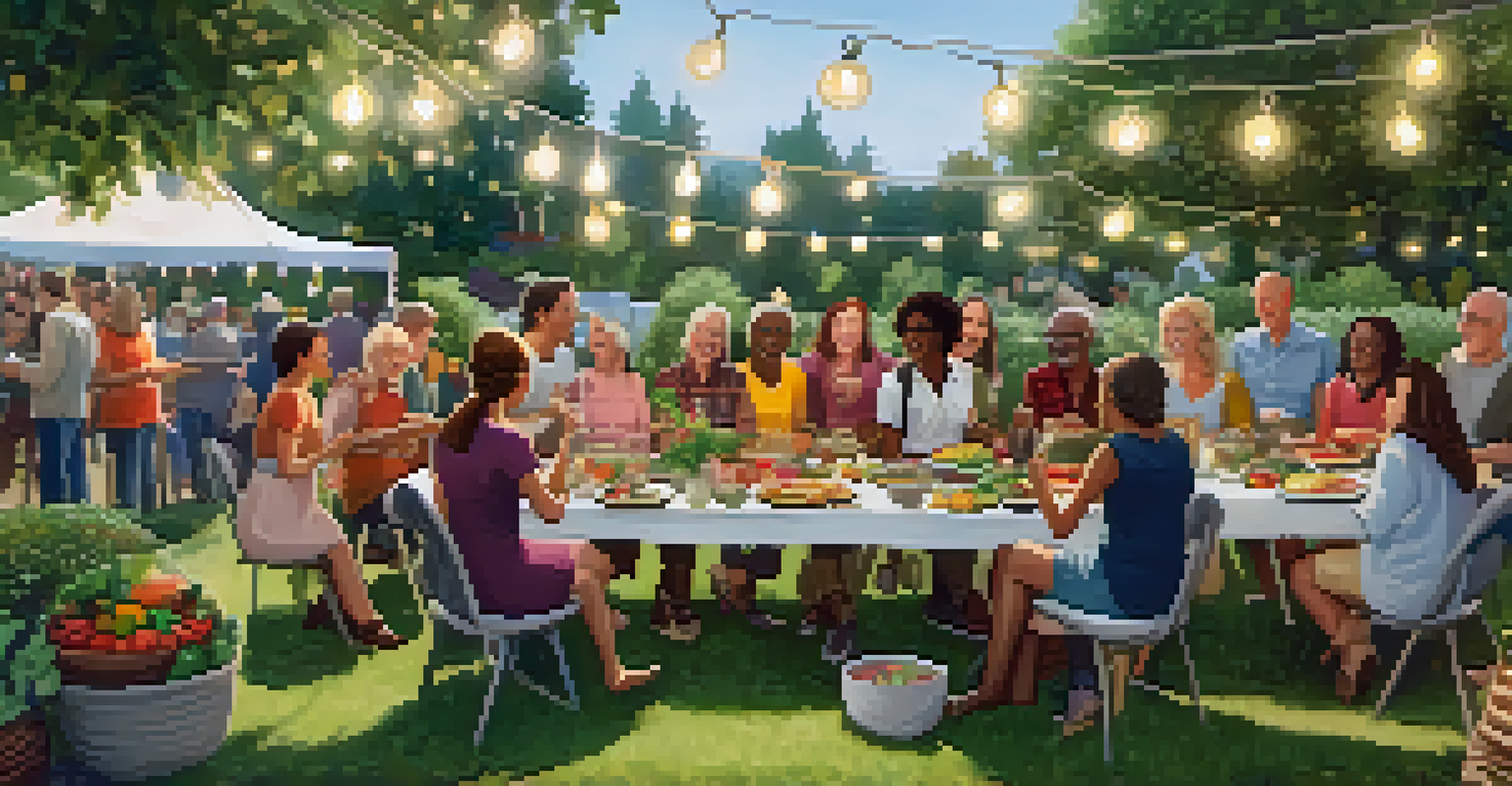 A community potluck in a garden, with people sharing and enjoying a variety of homemade vegetarian dishes under fairy lights.