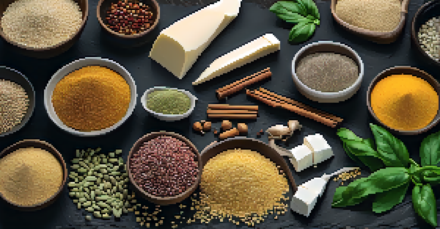 An artistic arrangement of quinoa, tofu, and seeds on a dark slate background with herbs and spices.