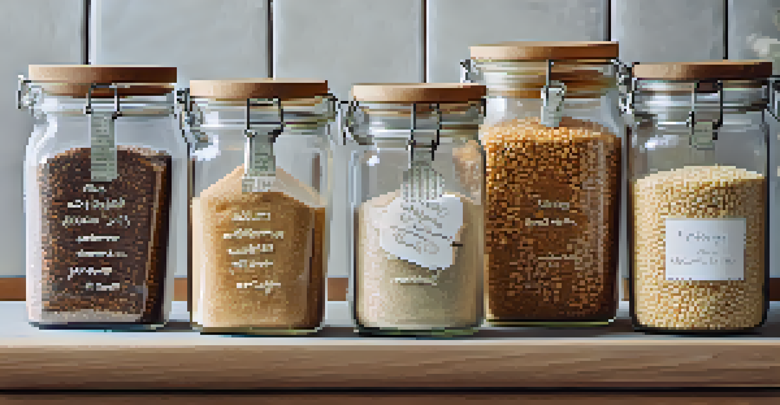 Glass jars filled with different alternative grains on a kitchen counter, with handwritten labels and a wooden spoon.