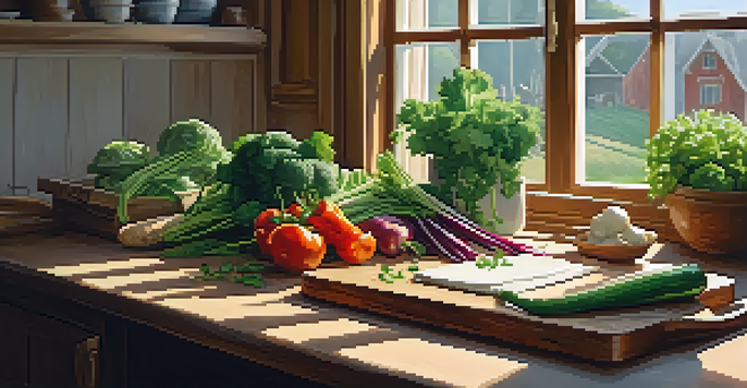 A person chopping vegetables in a cozy kitchen filled with fresh ingredients and warm light.