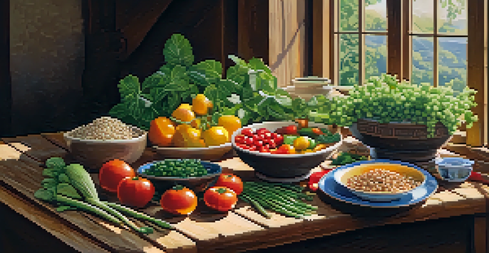 A beautifully arranged vegetarian meal with various colorful vegetables, legumes, and grains on a wooden table, illuminated by natural sunlight.
