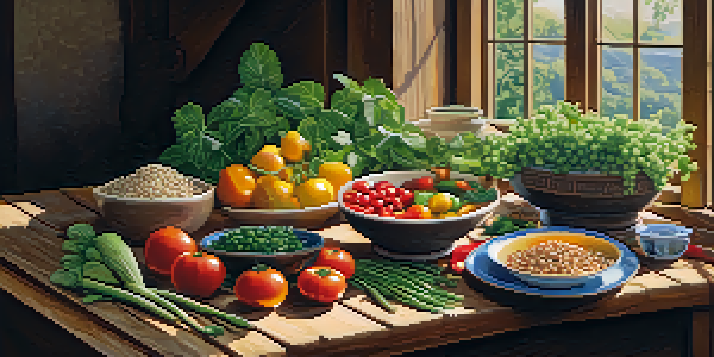 A beautifully arranged vegetarian meal with various colorful vegetables, legumes, and grains on a wooden table, illuminated by natural sunlight.
