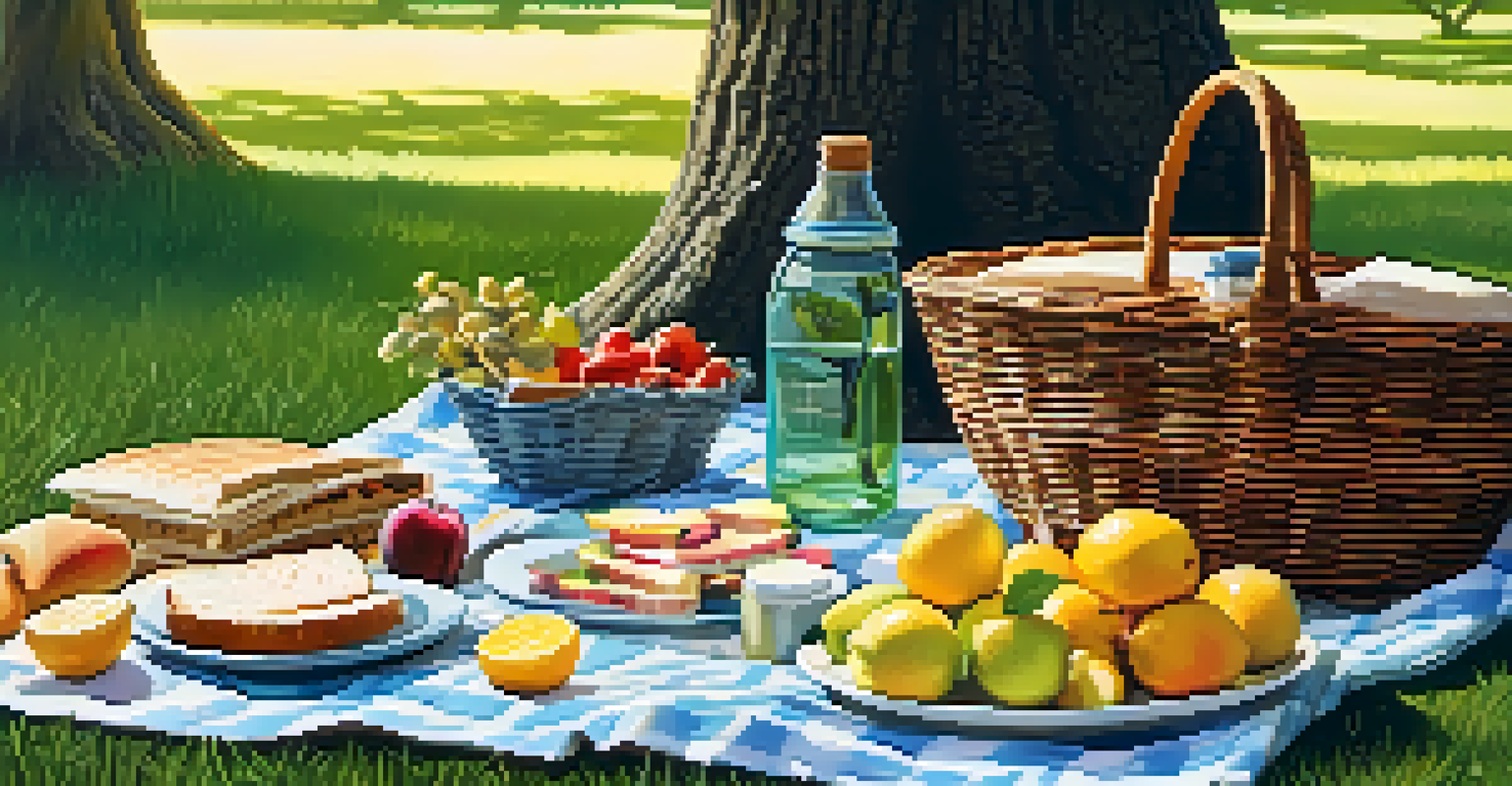A picnic scene with a blanket on the grass, featuring healthy vegetarian foods like sandwiches, fruits, and lemonade, surrounded by trees.