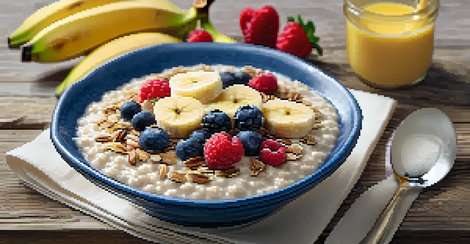 A bowl of oatmeal topped with bananas, berries, and chia seeds, illuminated by warm morning light, emphasizing the textures and colors of the dish.