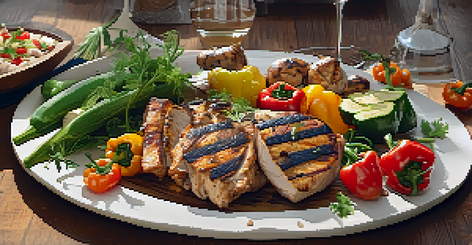 A mixed grill platter with seasonal vegetables and grilled chicken served on a wooden board.