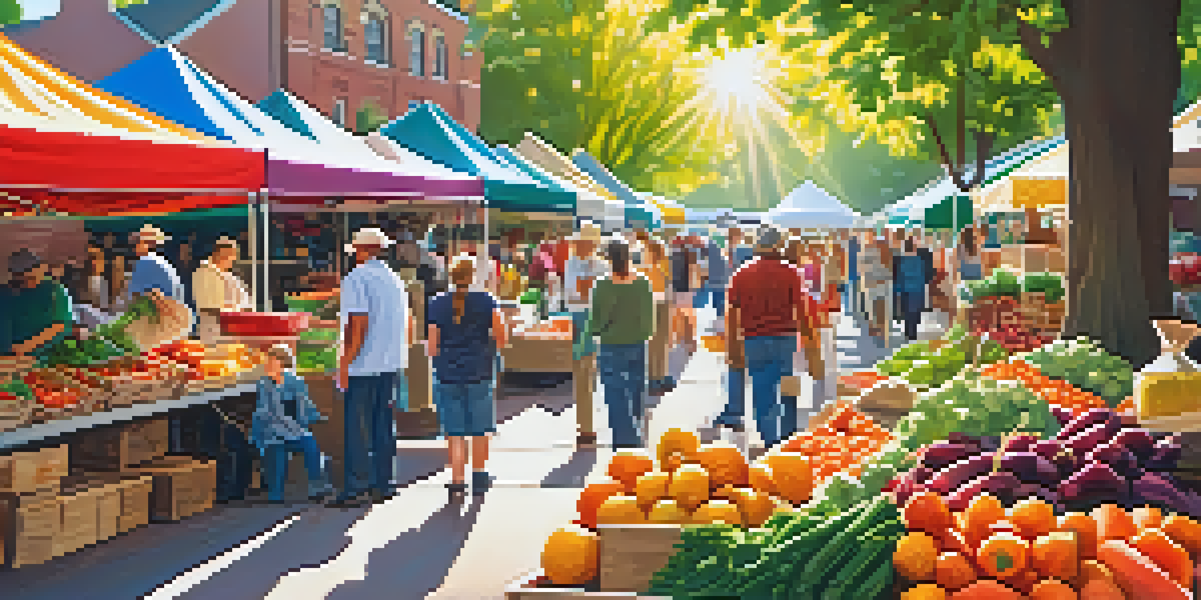 A lively farmers market with colorful produce stalls and smiling community members enjoying fresh organic fruits and vegetables under the sunlight.