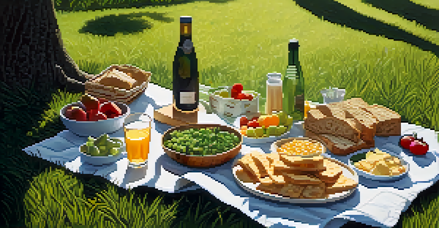 An outdoor picnic blanket on green grass displaying plant-based snacks like hummus, vegetables, and fruits, with sunlight filtering through trees.