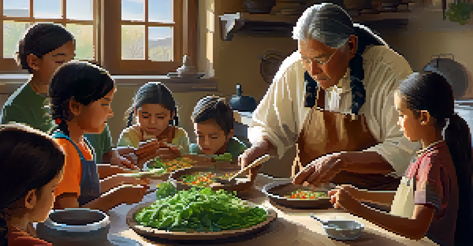 A Native American elder teaching children to cook traditional vegetarian recipes in a bright kitchen.