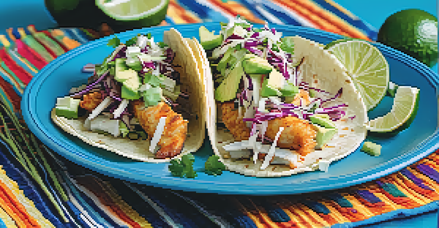 A colorful plate of fish tacos with cabbage slaw, avocado, and lime, set on a blue plate with a tropical backdrop.