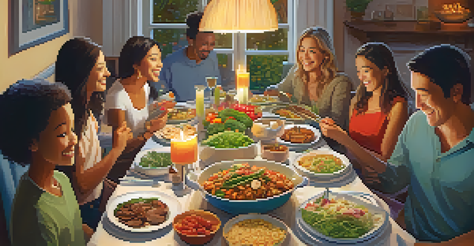 A dining table filled with vegetarian dishes, friends and family enjoying a meal together in a warm, inviting atmosphere.