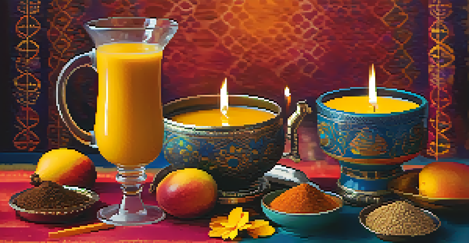 An assortment of traditional Diwali drinks, including masala chai and mango lassi, beautifully presented.