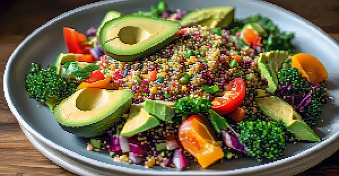 A colorful quinoa salad with mixed vegetables and avocado slices on a wooden table, illuminated by natural light.
