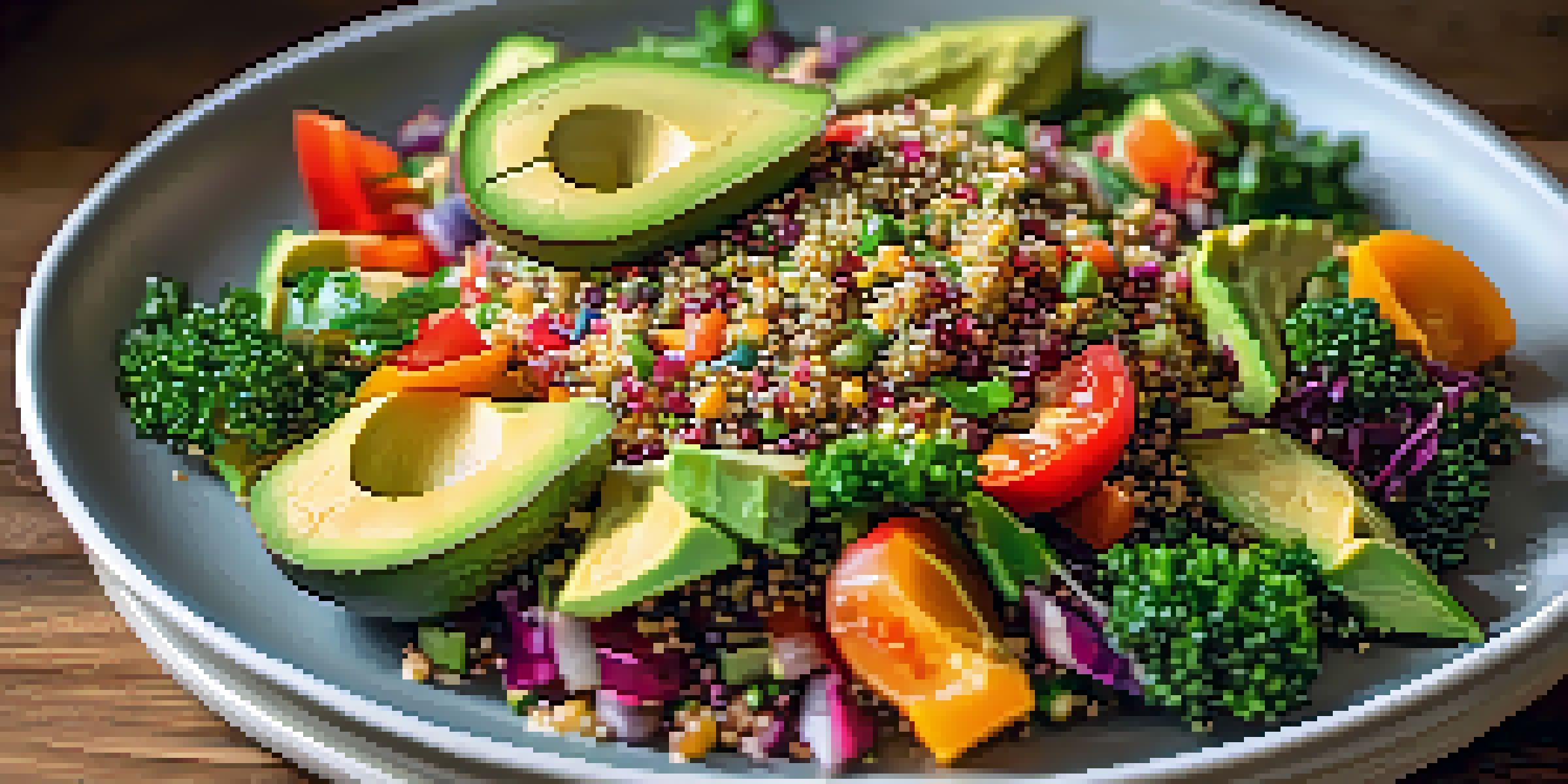 A colorful quinoa salad with mixed vegetables and avocado slices on a wooden table, illuminated by natural light.