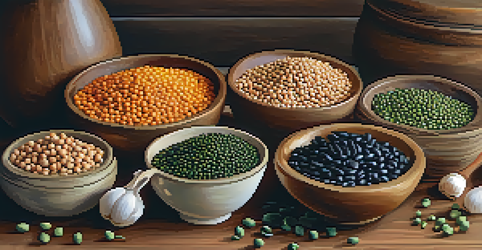A close-up of various legumes such as chickpeas, black beans, and lentils in wooden bowls on a kitchen countertop.