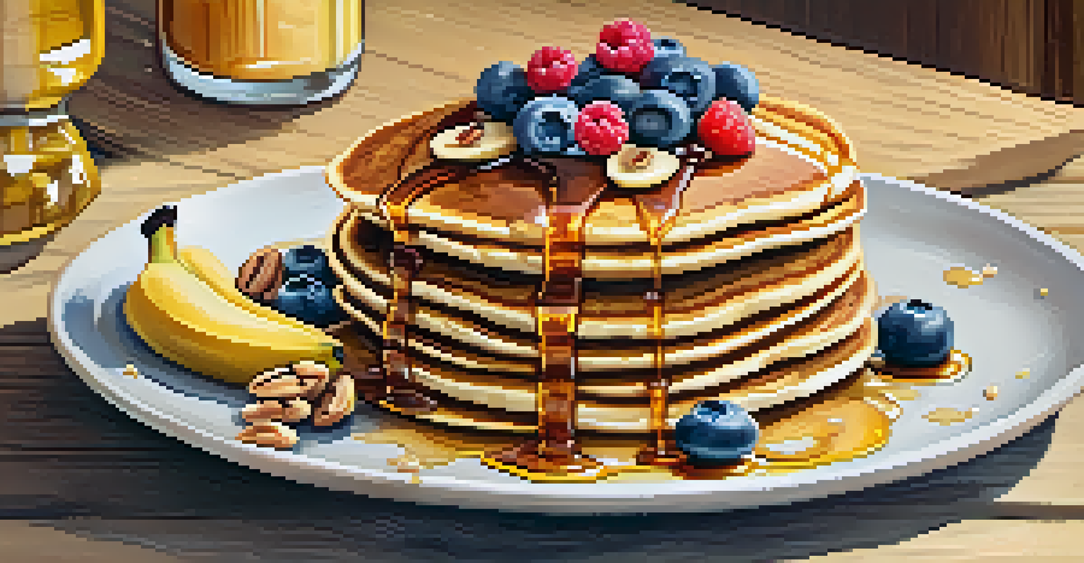 A close-up of banana pancakes stacked on a plate, drizzled with syrup, topped with berries and nuts, in warm morning light.