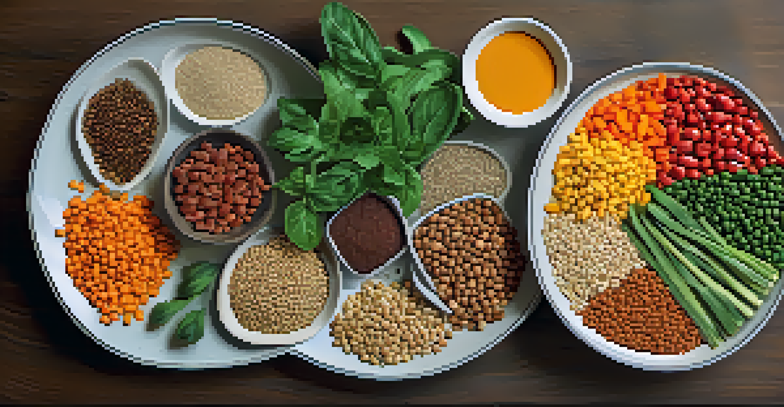 A plate of colorful plant-based foods with labels showing their nutritional benefits, set in natural lighting.