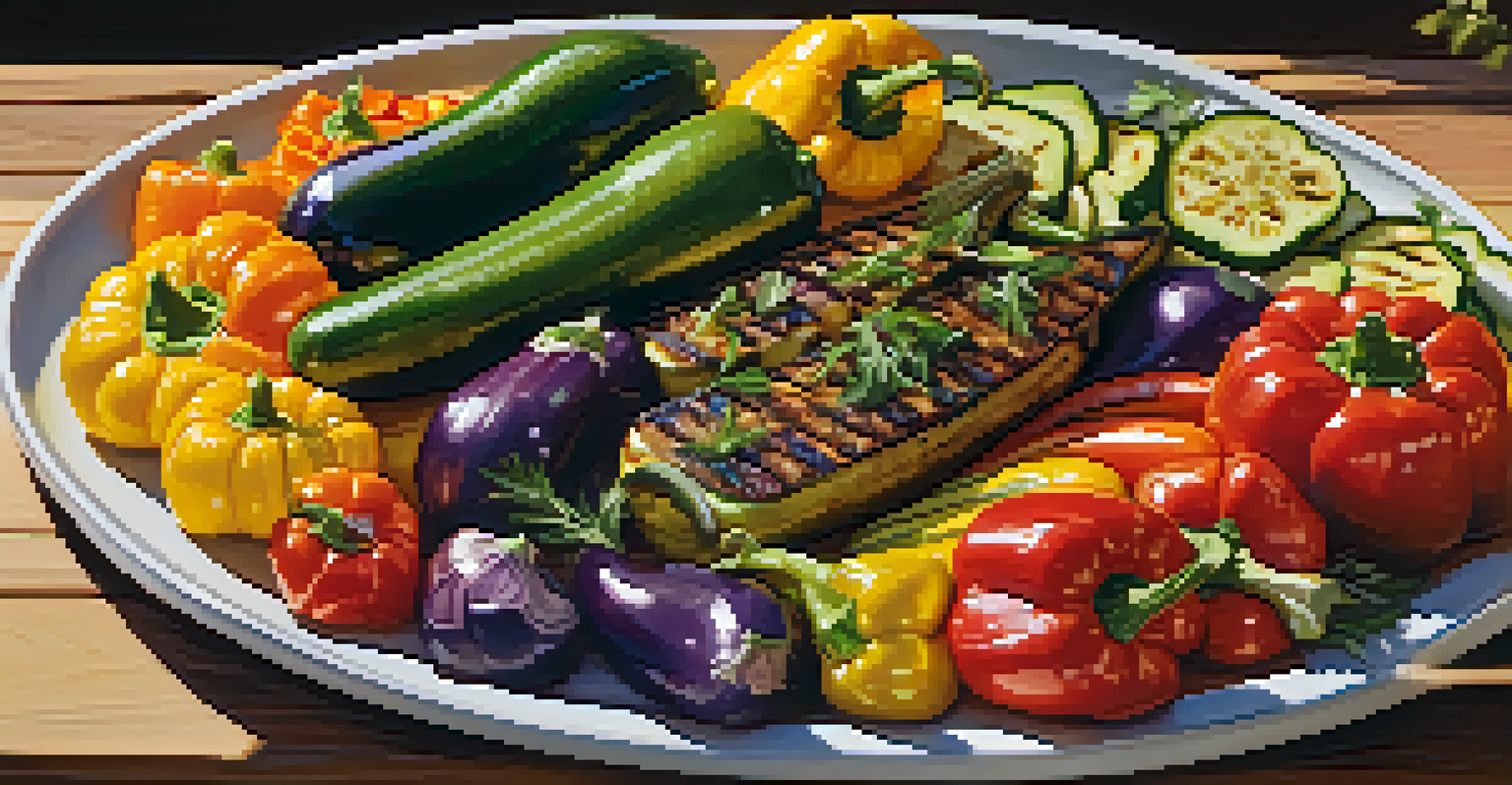 A platter of grilled zucchini, eggplant, and bell peppers garnished with herbs, with a barbecue grill in the background.