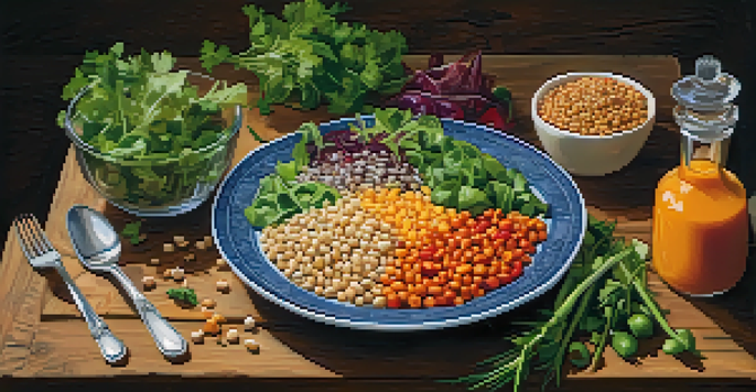 A colorful vegetarian meal displayed on a wooden table, showcasing a salad with various vegetables and grains.