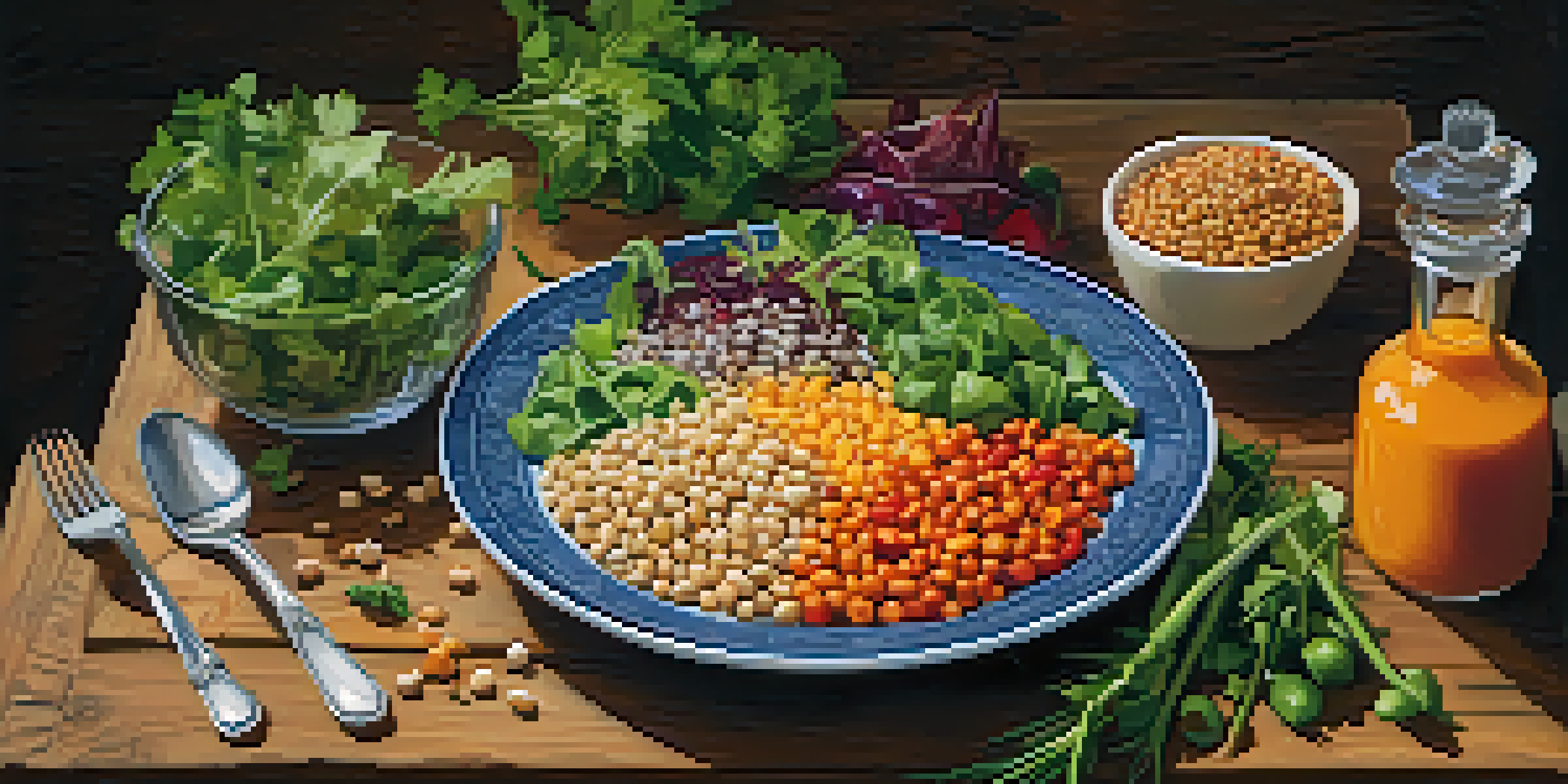 A colorful vegetarian meal displayed on a wooden table, showcasing a salad with various vegetables and grains.
