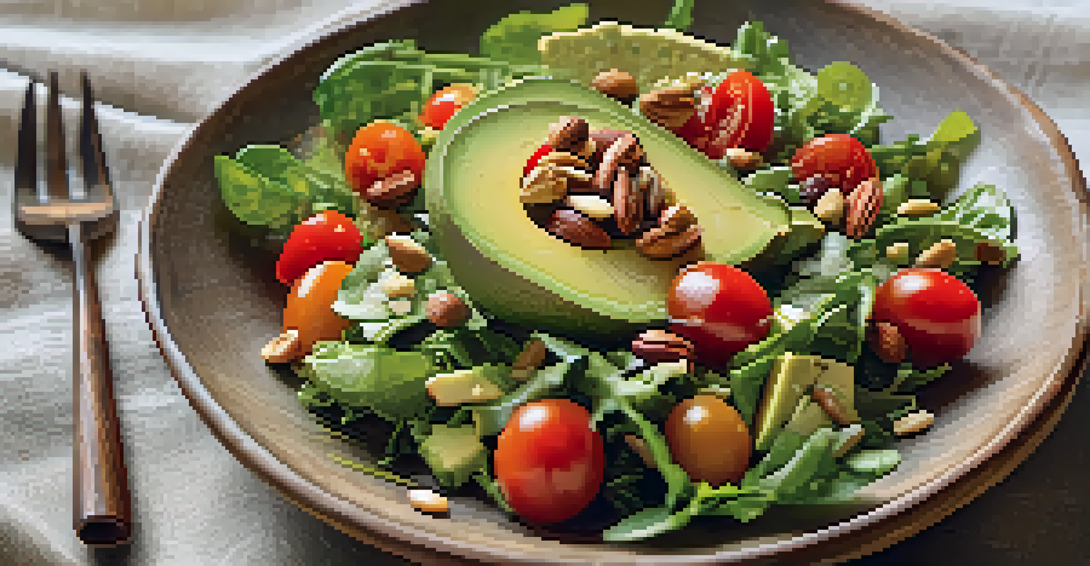 A close-up of a colorful raw salad with leafy greens, avocados, cherry tomatoes, and nuts, beautifully presented in a rustic bowl.